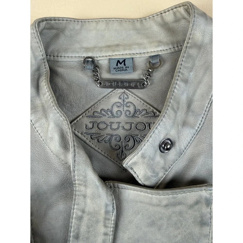 Edgy Moto Jacket‎ Distressed Grey Faux Leather Medium Joujou